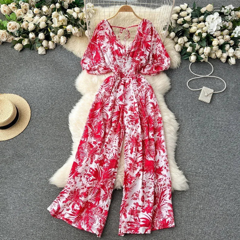 Women's Print Jumpsuit Casual V-neck Bubble Sleeve Backless Lace-Up Slimming Summer Beach Vacation Loose Wide Leg Jumpsuit
