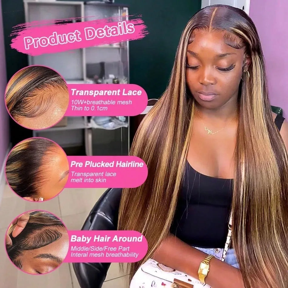34Inch 4/27 Highlight Wig Human Hair 13X4 Lace Frontal Wig Straight Human Hair Wigs 5x5 Glueless Wig 200 Density For Women