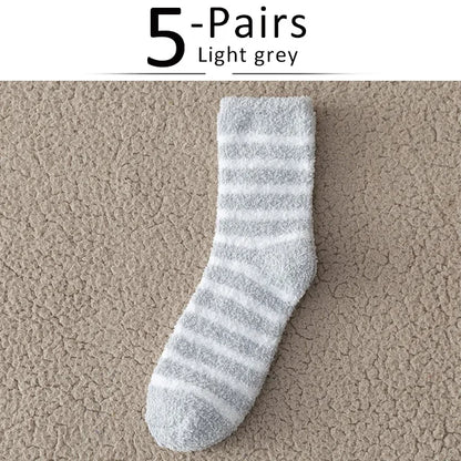 5 Pairs Thick Mens Thermal Socks Winter Warm Striped Coral Fleece Fluffy Solid Color Sleep Male Bed Socks Calcetines Hot Sell