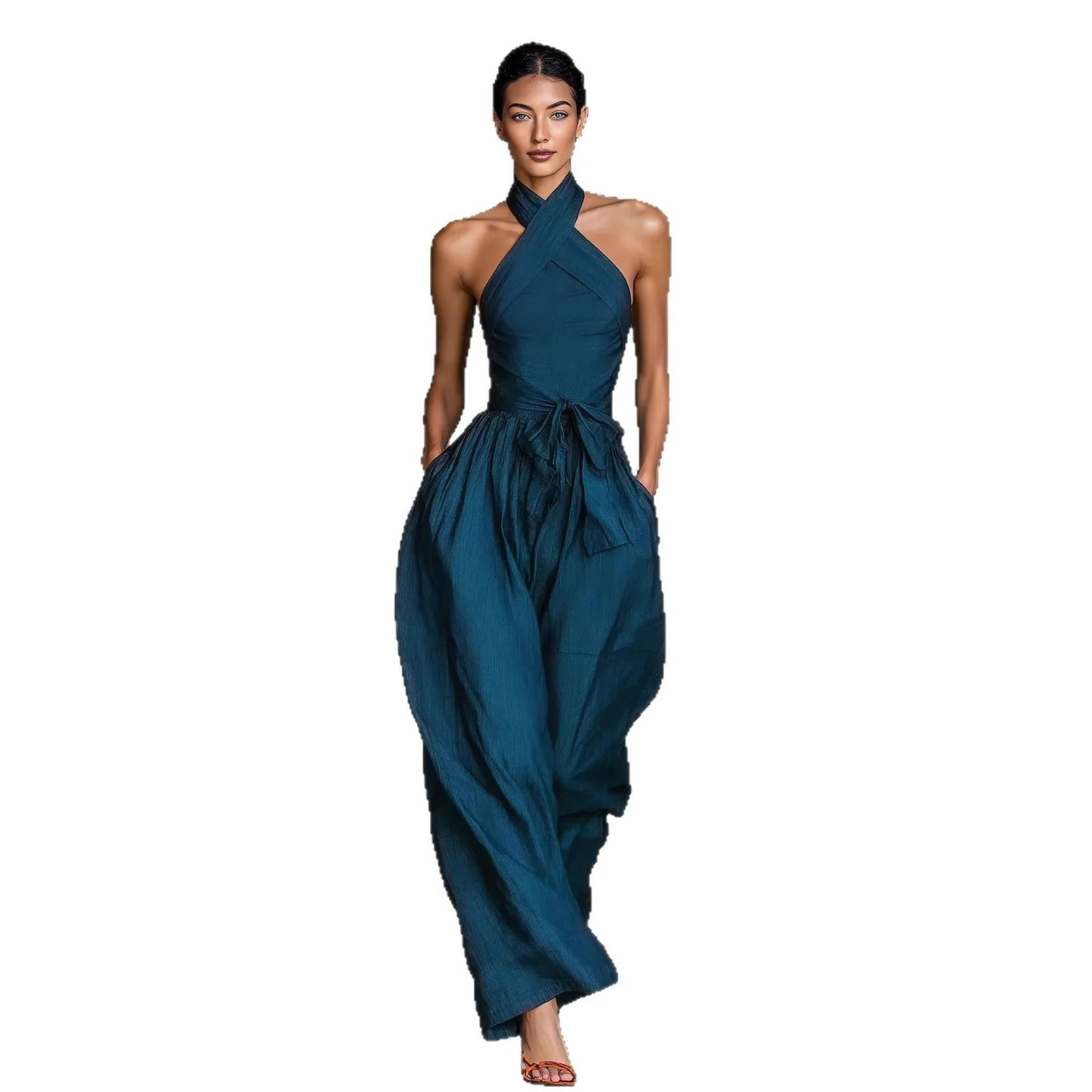 Chic High Waist Tie-up Wide Leg Pants Jumpsuit Women Sexy Criss Cross Halter Backless Zips Romper Summer Solid Office Overalls
