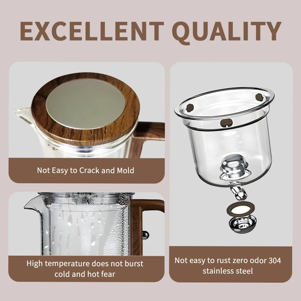 600ML Enchanti Tea Pot Glass Kettle Teapot with Wooden Handle One Click Switch Tea Filtration  Teapots Puer Tea Cup Set