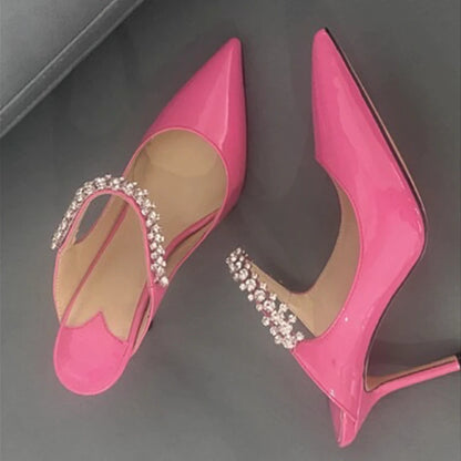 2025 New Fashionable Fine Heeled Muller Shoes with Pointed Water Diamond Chain Banquet Shallow Mouth Women's High Heel Sandals