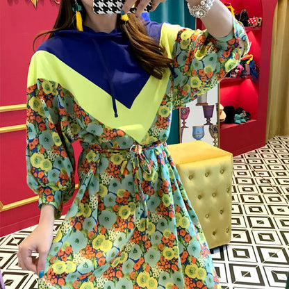Chic Retro Floral Print Hooded Long Sweater Dr Women's High Waist Color Blo Waisand Casual Comfortable Autumn Dr