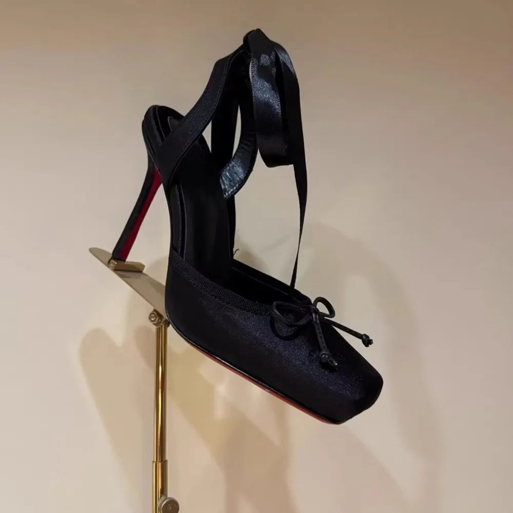 2026 Women Summer High Heeled Shoes for Woman's Square Toe Thin Heels Butterfly-Knot Pumps Sexy Ladies Ankle Strap Wedding Shoes