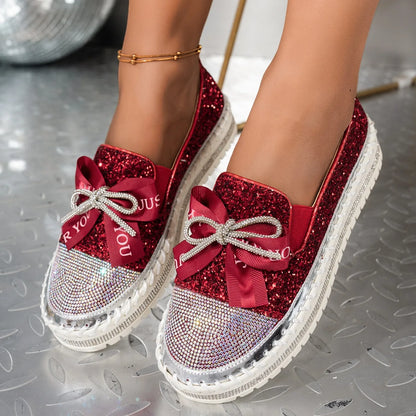 Women Sneakers 2025 New Luxury Crystals Bowknot Loafers Sequined Flat Platform Shoes Couple Fashion Plus Size Sneakers Women