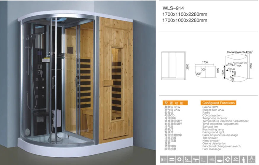 Ceiling light air enclosures wooden steam sauna and shower room bath