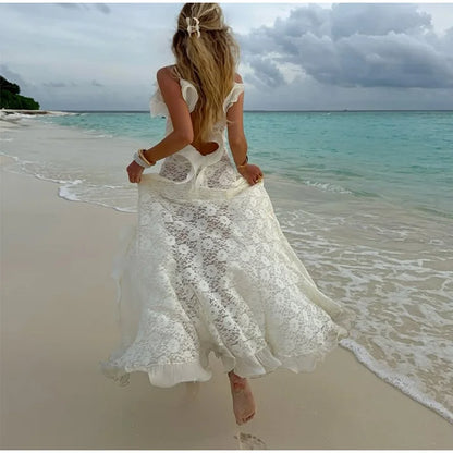Sexy Hollow Out Lace Maxi Dress Women Spaghetti Strap Ruffles Party Club Robes Backless Side Slit Beach Vacation Lady Dress