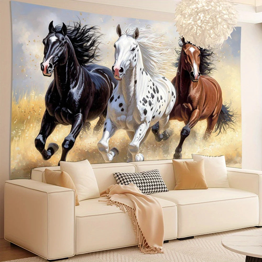 Wild Horse Tapestry, Three Stallions Running Freely in the Prairie, Great for Adding a Majestic, Untamed Touch to Your Room