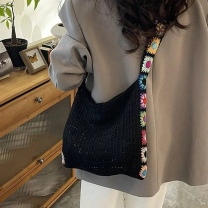 Fashion Large Capacity Women Shoulder Bag Floral Crochet Vintage Handbag Boho Hollow Out Knitted Crossbody Bags