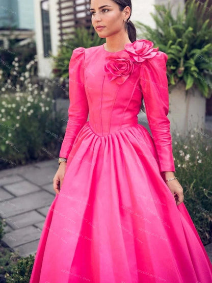 Elegant Women's A-line Prom Dress Round Neck Full Sleeves Evening Gown with 3D Flowers Floor-Length Satin Formal Dress Custom