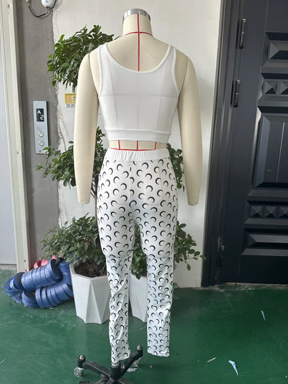 STYLISH LADY Moon Printed Sports 2 Piece Set Women Sleeveless Crop Top and Skinny Pant Suits 2025 Summer Street Fitness Outfits