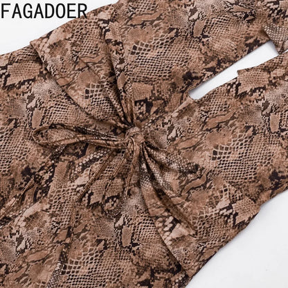 FAGADOER Sexy Python Print Patchwork Bodycon Jumpsuits Woman Halter Deep V-neck Backless Rompers Female Streetwear Overalls New