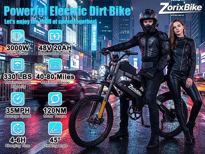 ZorixBike R8Max Adult Ebike 3000W Motor 35 MPH 48V 20Ah Lithium-Ion Battery 40-80 Mile Range Front 19"/ Rear 17"  Off-Road Tires