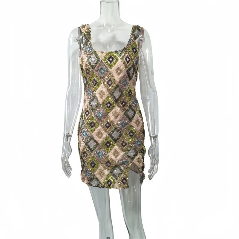 Mozision Multicolour Pattern Sequins Sexy Mini Dress Women Fashion Square Collar Sleeveless Backless Sparkle Club Party Dresses