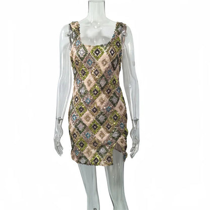 Mozision Multicolour Pattern Sequins Sexy Mini Dress Women Fashion Square Collar Sleeveless Backless Sparkle Club Party Dresses