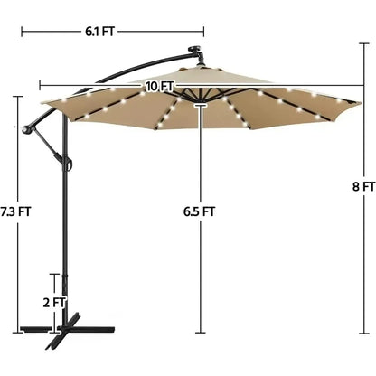 Solar Offset Umbrella with 10FT 32 LED Lights Cantilever Outdoor Umbrellas Handy Crank & Cross Base  for The Beach for Backyard