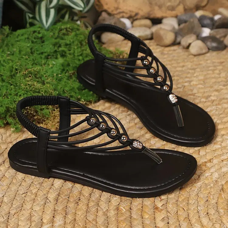 Women Sandals T-Strap Toe Roman Beach Women Shoes Large Size Slip-On Sandals Women New Summer Elastic Strap Flat Bottom Shoes