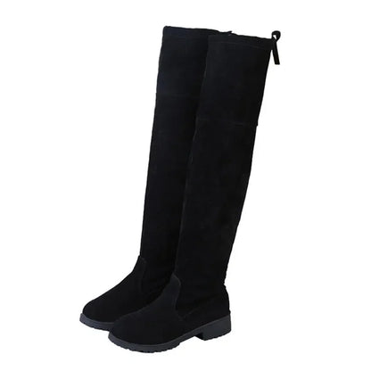 Faux Suede Female Heels Autumn Winter Elastic Knee-high Boots for Women Tube Lace-up Thigh Boots Black Botas