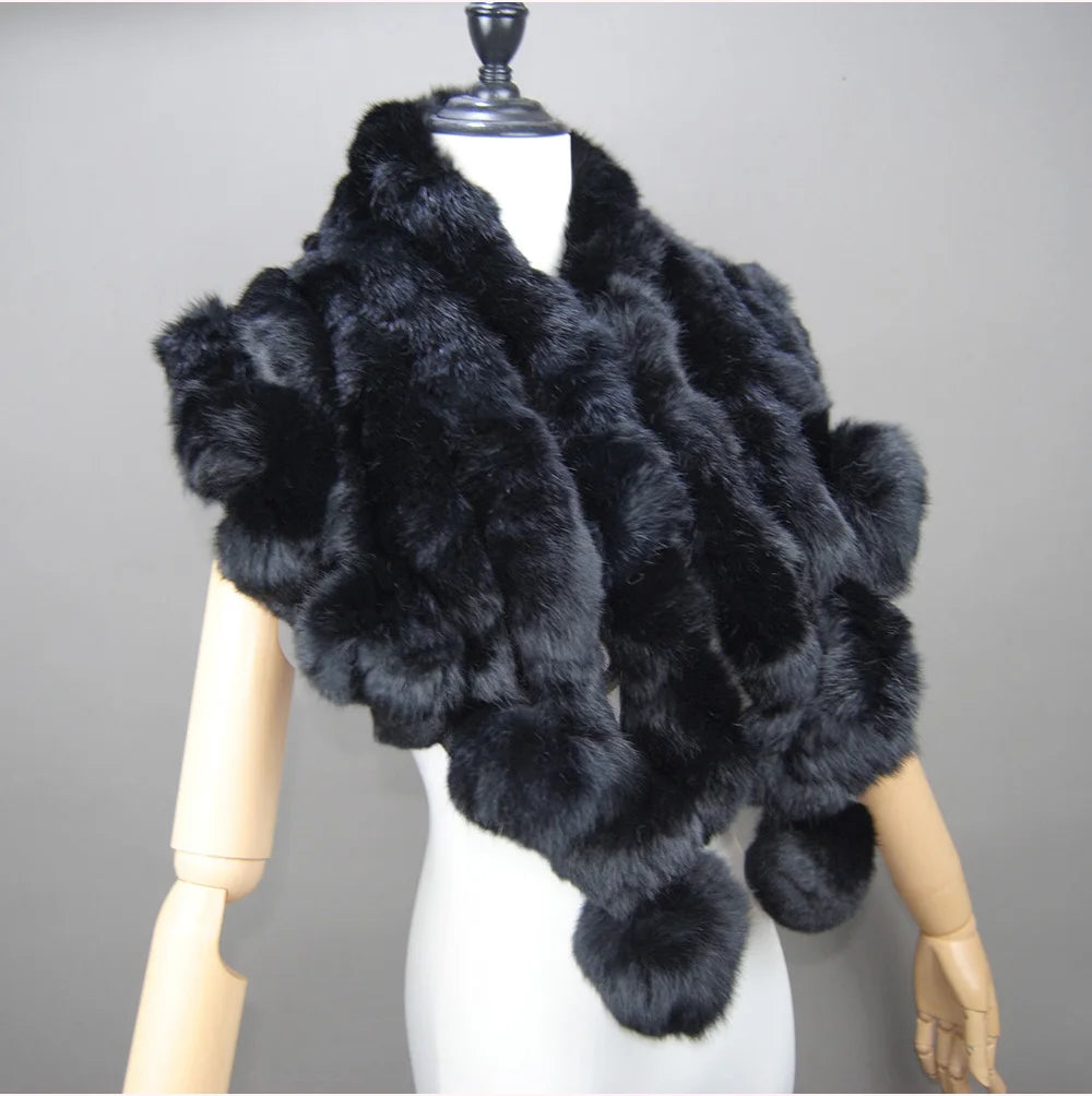 New Lady Winter Real Rabbit Fur Scarf Natural Warm Soft Rabbit Fur Shawl Women Fashion Outdoor Knit 100% Real Rabbit Fur Scarves