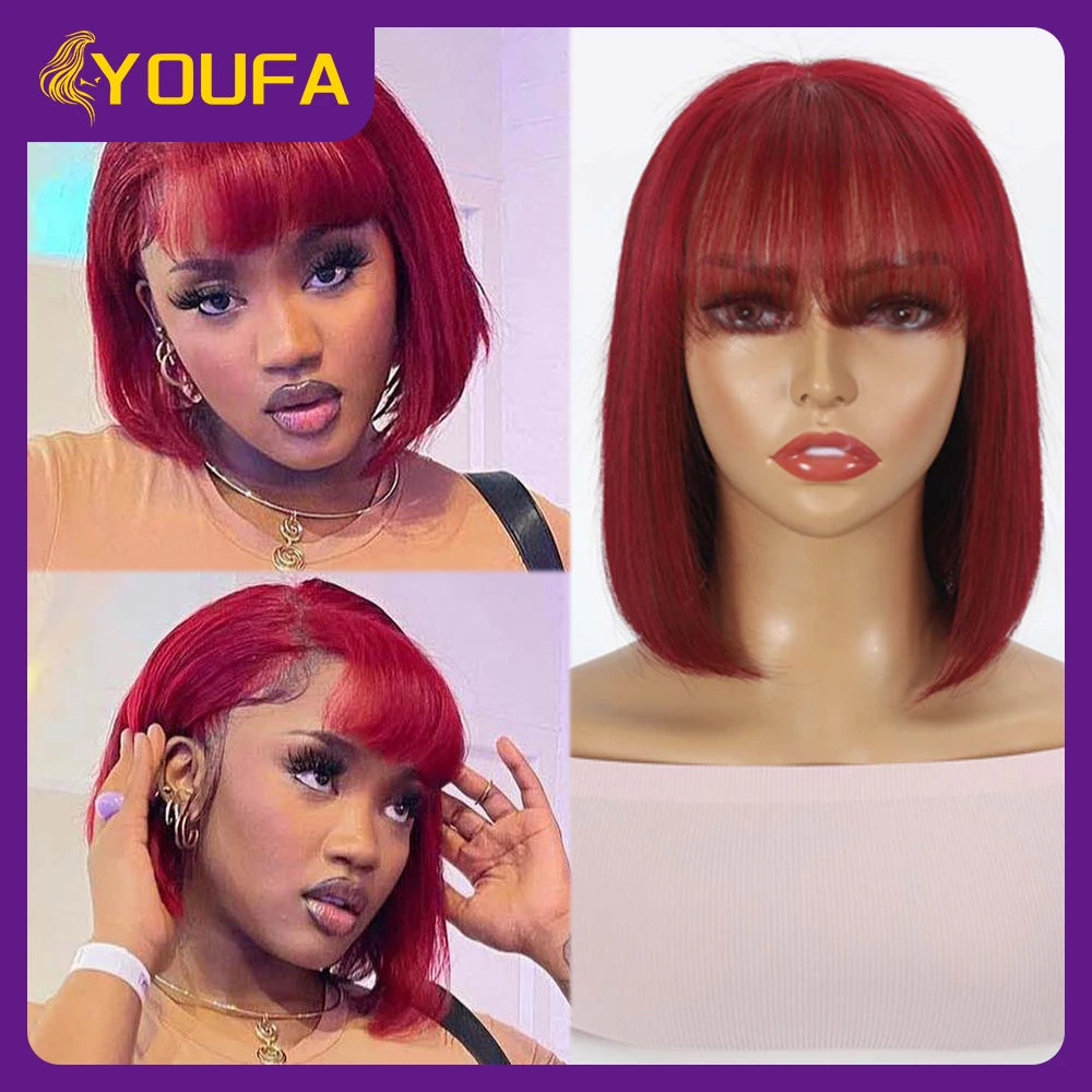 Burgundy 13x4 Lace Front Wigs With Bangs New Style 100% Brazilian Straight Human Hair Wigs Transparent Lace Frontal Bang Wigs
