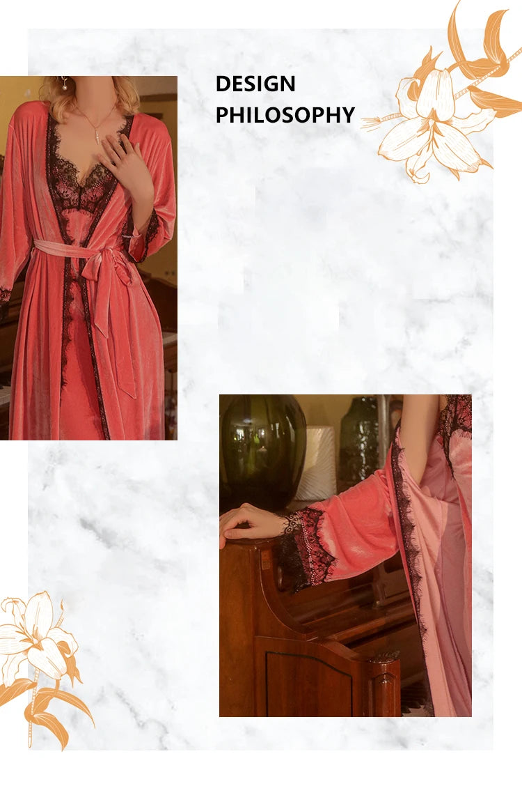 REBEYULI Brand Sexy Sleepwear Women 2026 Autumn Lace Sweet Solid Night Dress Long Soft Comfortable Velvet Robe Gown Sets Women