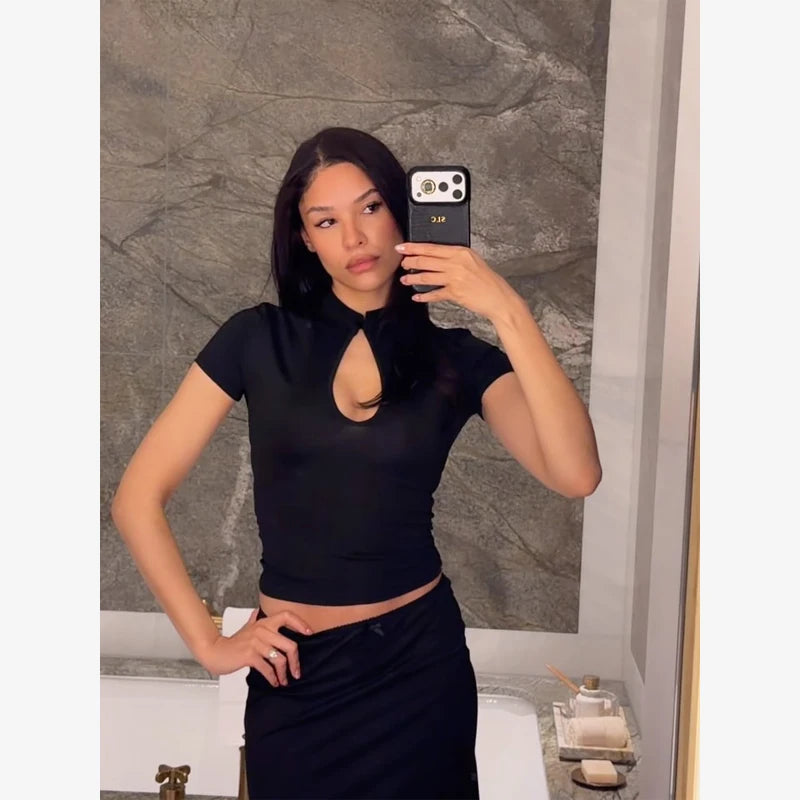 Stand Collar Button Hollow Out T-shirt Women Sexy Solid Short Sleeves Slim Fit Cropped Shirts 2026 Lady Daily Street Outwear New