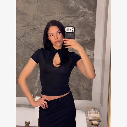 Stand Collar Button Hollow Out T-shirt Women Sexy Solid Short Sleeves Slim Fit Cropped Shirts 2026 Lady Daily Street Outwear New
