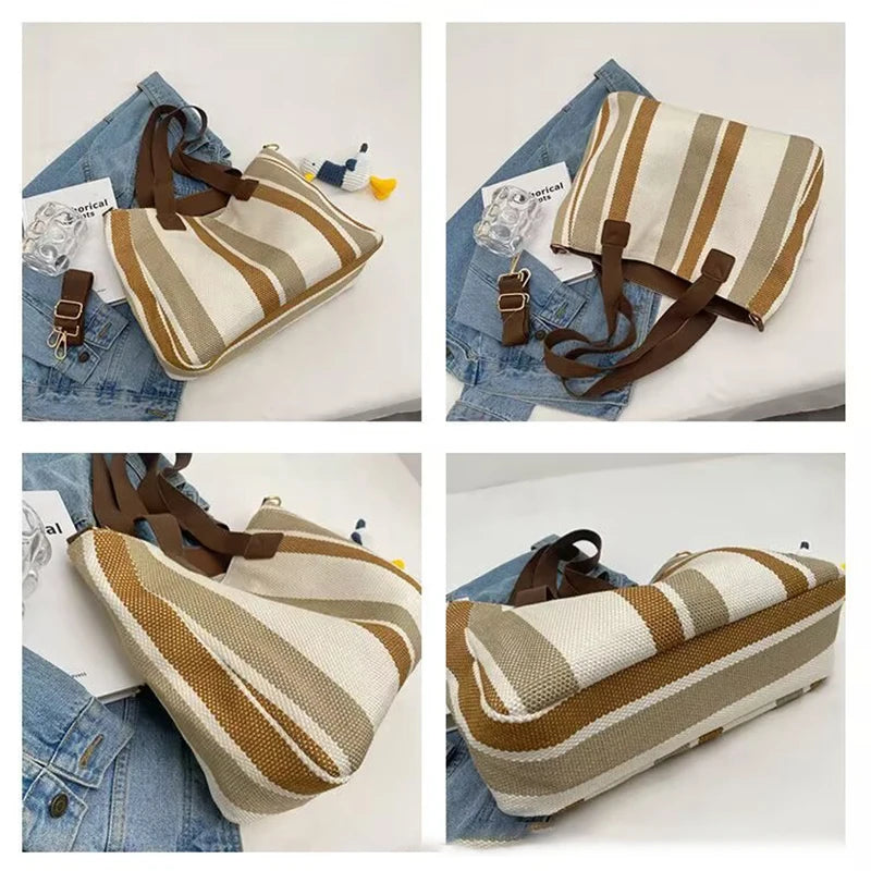 Tote Bag for Women Large Capacity Canvas Striped Shoulder Bag with Cute Pendant Commute Handbag Casual Versatile Crossbody Bag