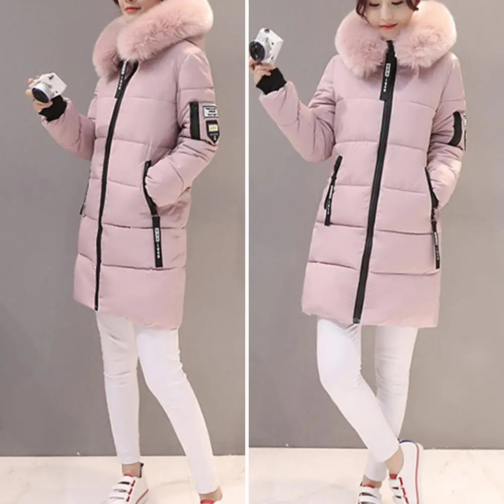 2025 Women Winter Cotton Coat Thickened Padded Stuffed Hooded Mid Length Warm Winter Coat Solid Color Slim Fit Lady Down Coat