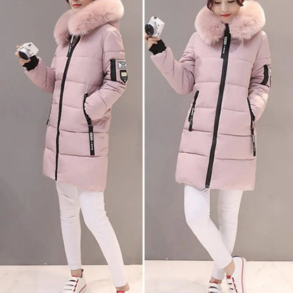 2025 Women Winter Cotton Coat Thickened Padded Stuffed Hooded Mid Length Warm Winter Coat Solid Color Slim Fit Lady Down Coat