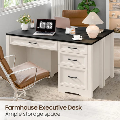 Rustic Executive Home Office Desk with Storage and Spacious File Drawer, Large Writing Desk for Bedroom in Black