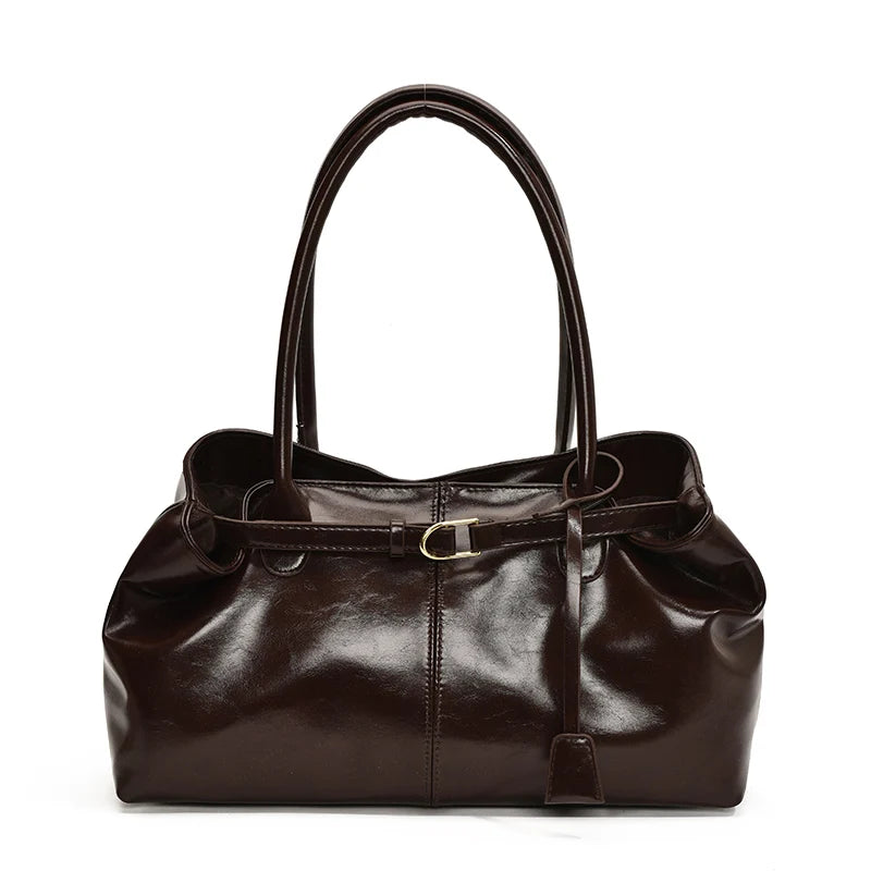 Women's Vintage Glossy Oil Wax Leather Tote Bag Buckle Casual Shoulder Handbag Elegant Work Bag for Daily Commute Top-handle Sac