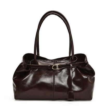 Women's Vintage Glossy Oil Wax Leather Tote Bag Buckle Casual Shoulder Handbag Elegant Work Bag for Daily Commute Top-handle Sac