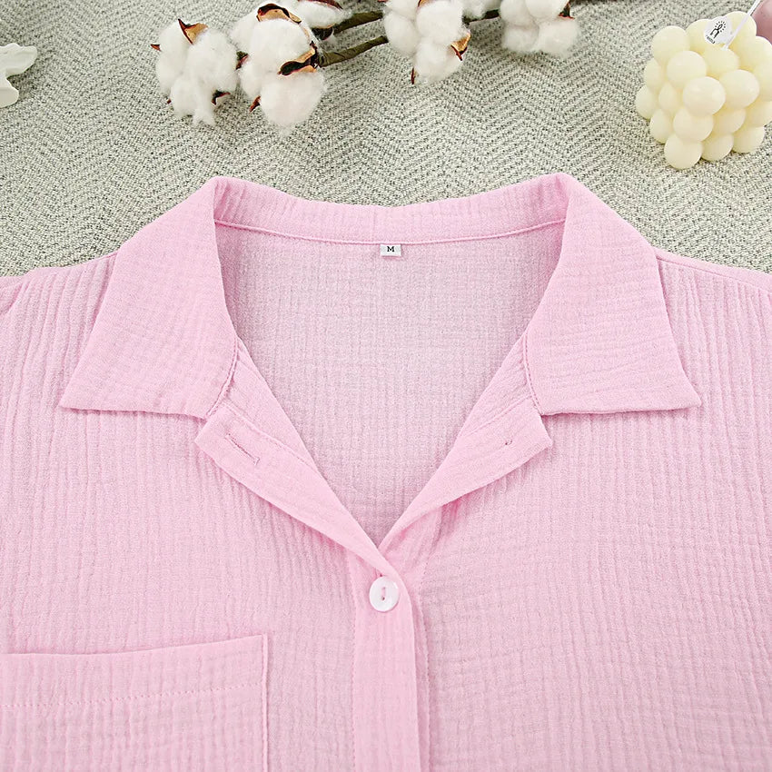 Casual Crape Cotton Pink Two Pieces Sets Women Lace Lantern Sleeve Shirts And Baggy Shorts Sleepwear Spring Summer