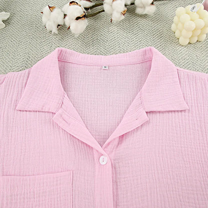 Casual Crape Cotton Pink Two Pieces Sets Women Lace Lantern Sleeve Shirts And Baggy Shorts Sleepwear Spring Summer