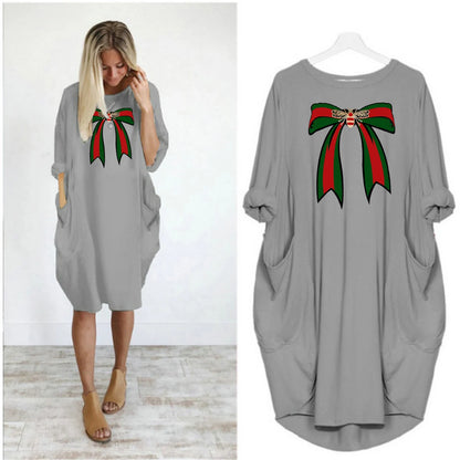 Ladies' summer loose bee bow pattern printed round neck short sleeved pocket comfortable casual plus size dress