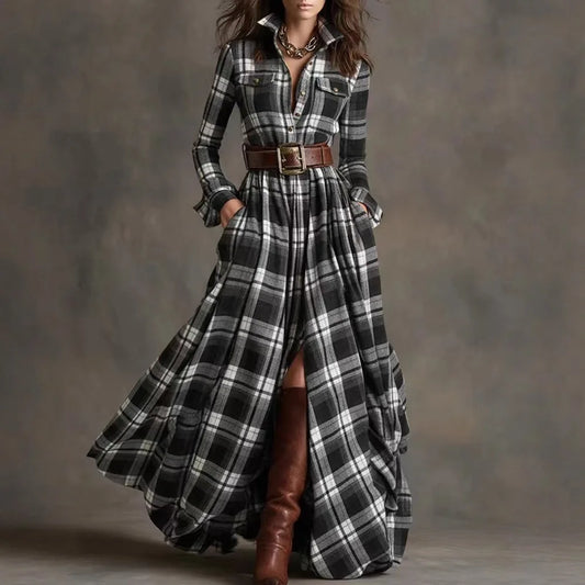 Plus Size Women's French Vintage Plaid Slimming Asymmetrical Dress Long Sleeve Elegant Commute Style Polyester Fabric