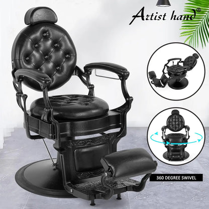 Retro Heavy Duty Hydraulic Recline Barber Chair Rounded Cushion Salon Spa Styling Equipment Black Customized