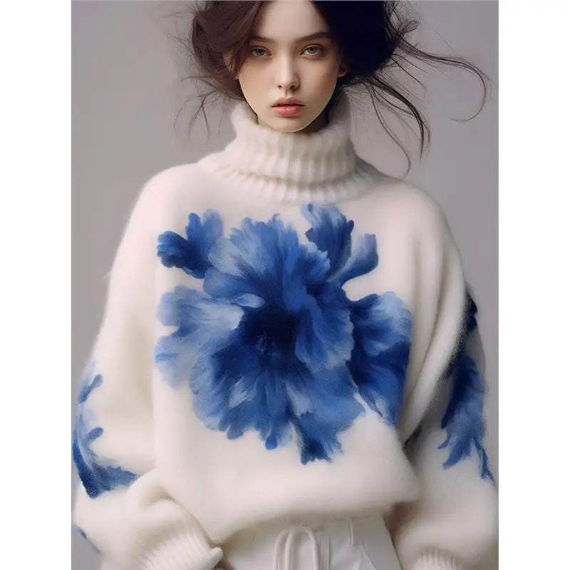 Oule Winter Blue Floral Print High Collar Women's Knitted Sweater Comfortable Loose Sle Long Sve Casual Commute Faion