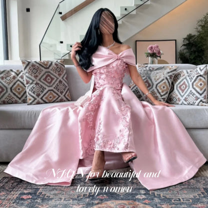 NFYN Pink Elegant Prom Dresses Off the Shoulder Pleating Appliques Party Dress Satin 3D-Bow Mermaid Evening Dresses Customized