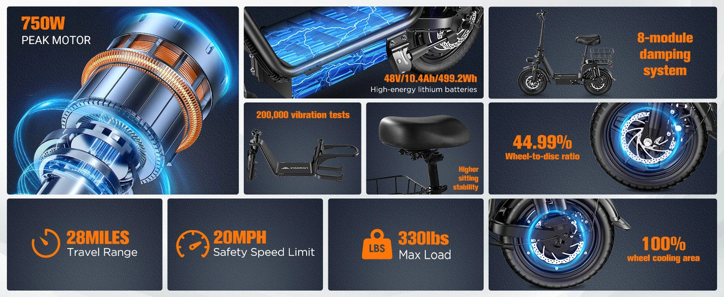 INSDRGNC14 adult electric bicycle foldable with seat electric scooter900W20MPH double disc brake high-strength frame load 300lbs