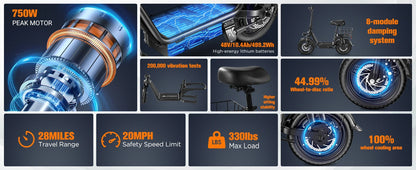 INSDRGNC14 adult electric bicycle foldable with seat electric scooter900W20MPH double disc brake high-strength frame load 300lbs