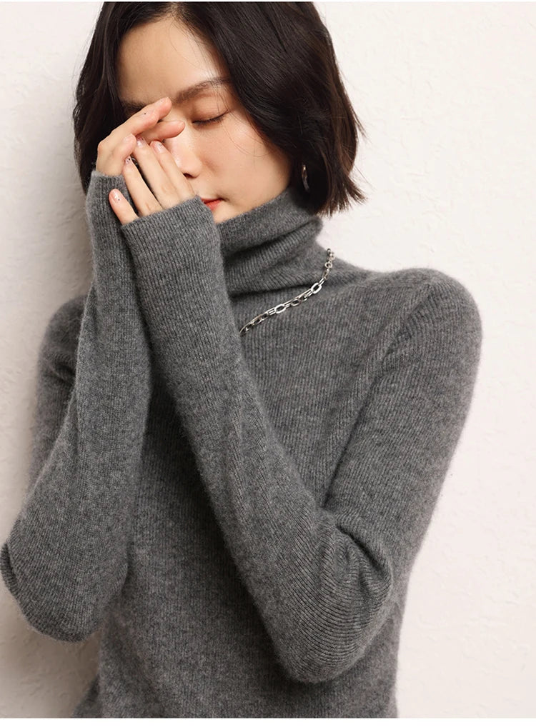 100% cashmere sweater women's knitted pullover sweater high neck solid color slim fit soft cashmere basic women's sweater
