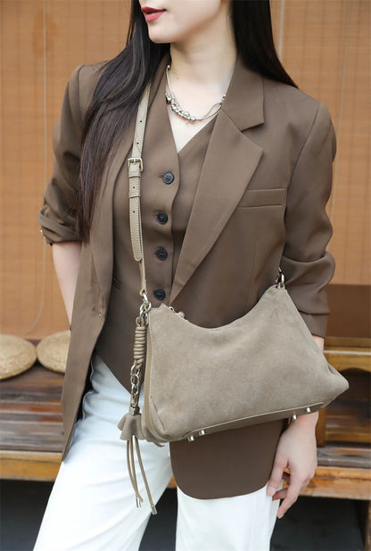 Hifashion Vintage Matte Suede Genuine Leather Underarm Shoulder Bags For Women 2025 Luxury Designer Hobo Tote Ladies Handbags