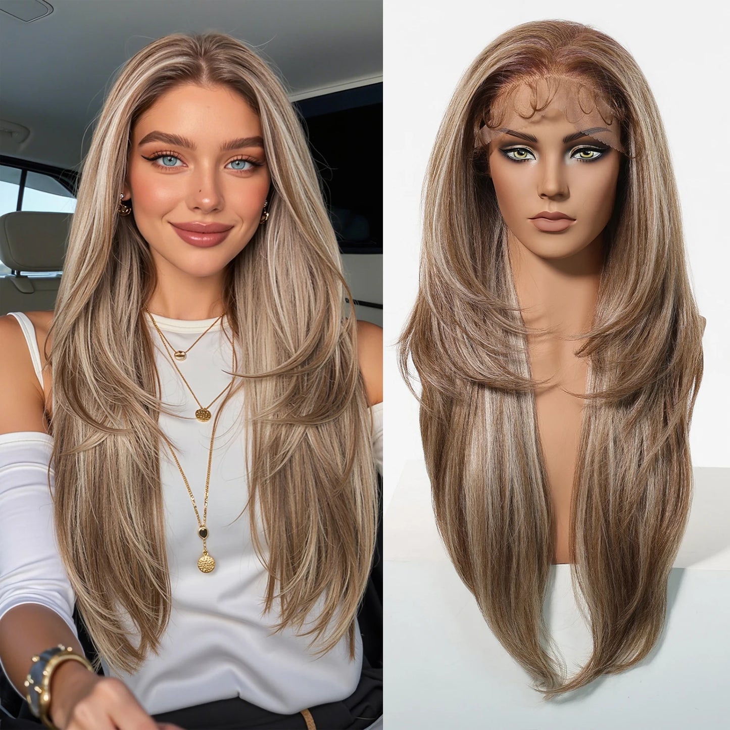 EASIHAIR Long Wavy HD Lace Front Synthetic Wigs for Women Natural Wave Blonde Wigs With Dark Roots 13*6 Lace Wigs Heat Resistant