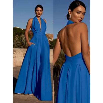 Elegant Women Corset Party Jumpsuit Y2K Sexy Halter Backless Loose Wide Leg Trousers Palazzo Pants Romper Celebrity One Pieces