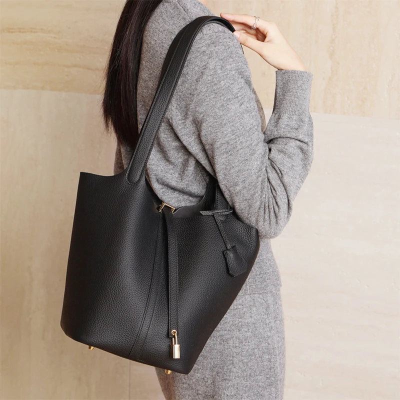 Mendy Large Women's Bag Vintage Leather Bucket Bag 26CM Tote Hobo Bag for Women Soft Leather Underarm Shoulder Purse Handbag New