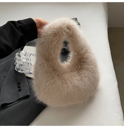 Solid Color Faux Fur Bag for Women Winter Soft Plush Handbags Ladies Small Elegant Tote Bags Fashion Trend Female Furry Purse