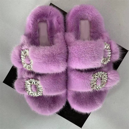 Summer Women Mink Fur Slippers Woman Luxury 2026 Women's Sandals Outdoor Fashion Casual Shoes Fur Mule Shoes Opentoed Slides