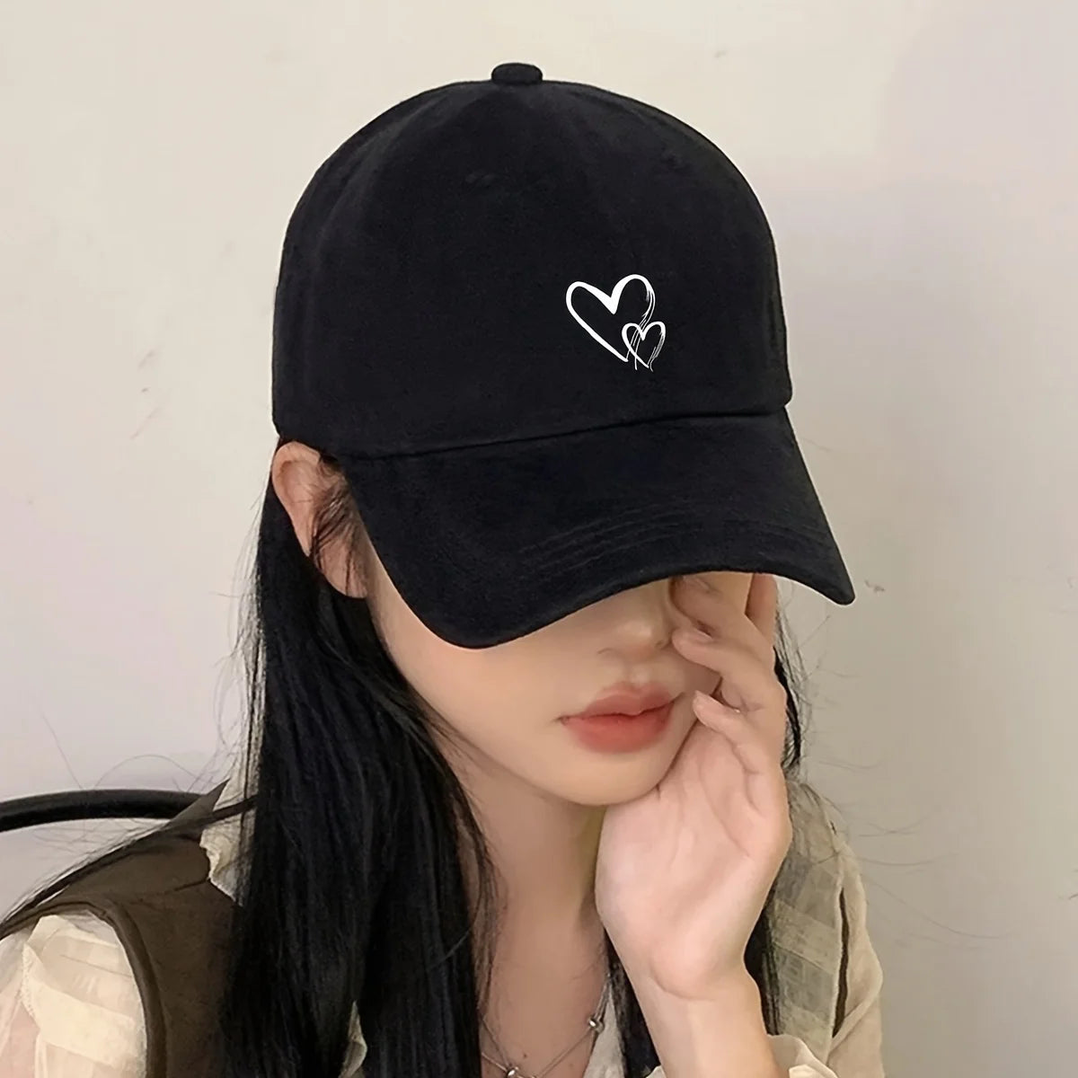 Heart-shaped printed baseball caps, Korean-style baseball caps, outdoor sun hats, all-season hats for both men and women